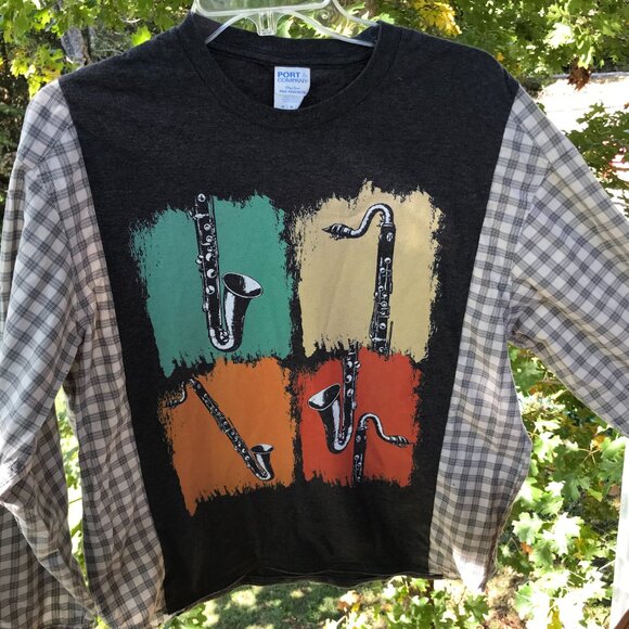 Upcycled Reworked Graphic Tshirt, Small to Medium: Saxophone Theme Plaid Shirt - Picture 10 of 12